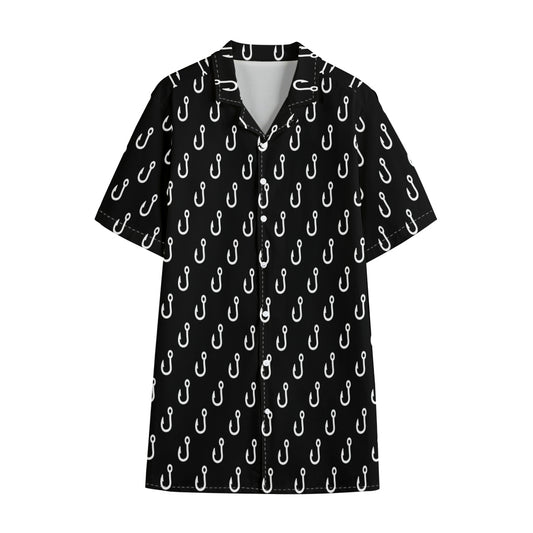 Black And White Fishing Hooks Print Cotton Hawaiian Shirt