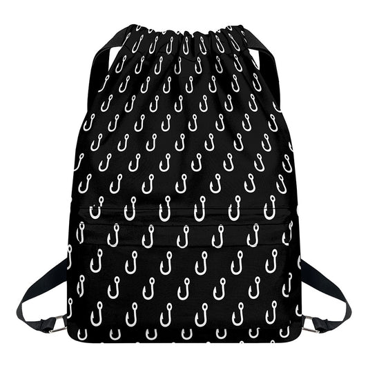 Black And White Fishing Hooks Print Drawstring Backpack