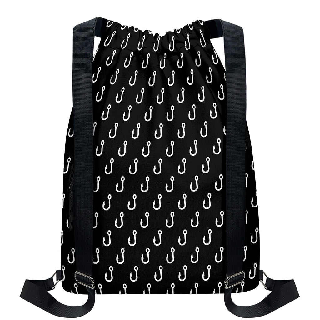 Black And White Fishing Hooks Print Drawstring Backpack