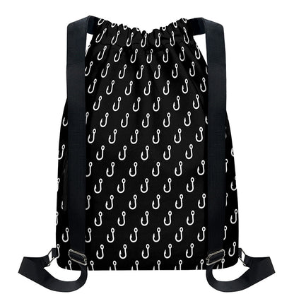 Black And White Fishing Hooks Print Drawstring Backpack