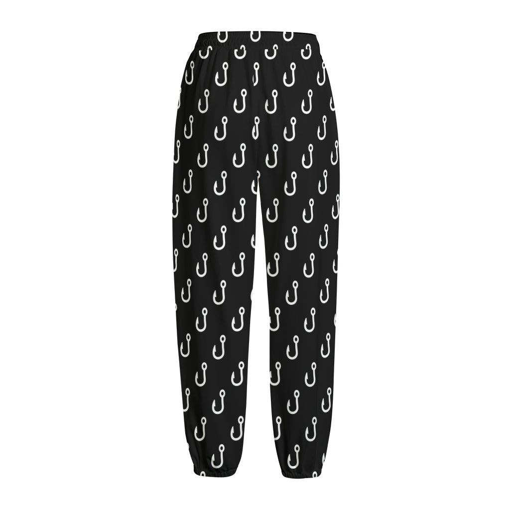 Black And White Fishing Hooks Print Fleece Lined Knit Pants