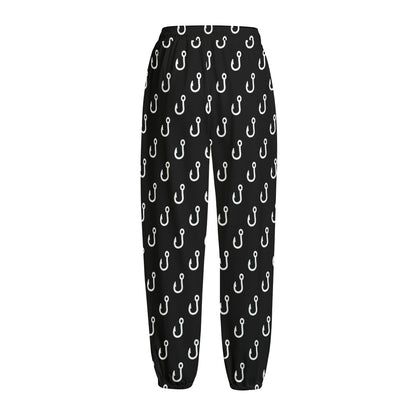 Black And White Fishing Hooks Print Fleece Lined Knit Pants