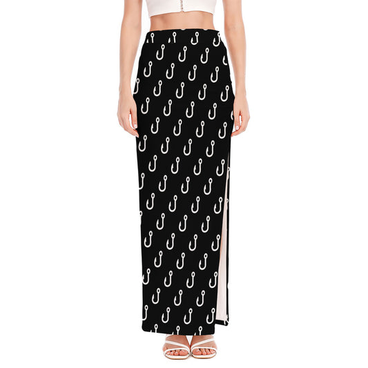 Black And White Fishing Hooks Print High Slit Maxi Skirt