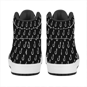 Black And White Fishing Hooks Print High Top Leather Sneakers