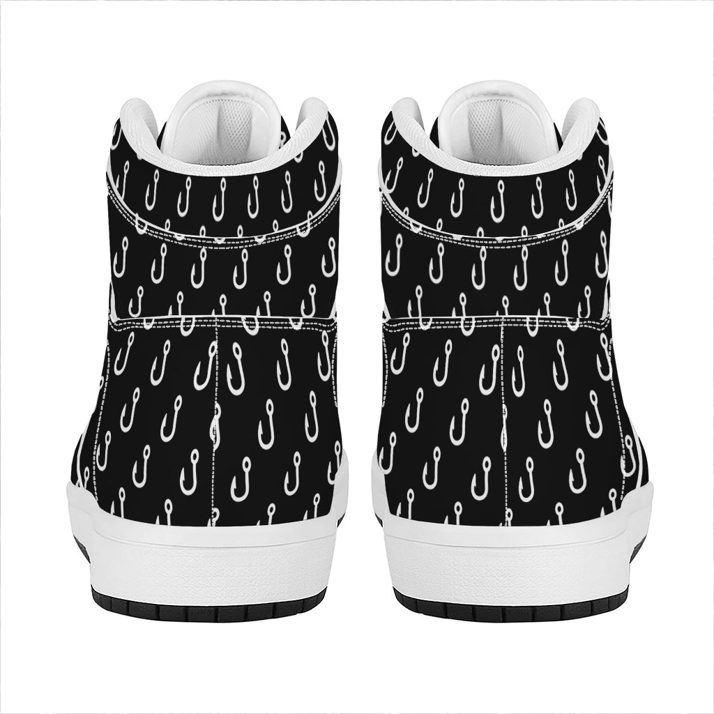 Black And White Fishing Hooks Print High Top Leather Sneakers