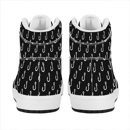 Black And White Fishing Hooks Print High Top Leather Sneakers
