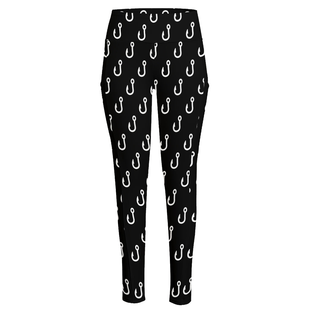 Black And White Fishing Hooks Print High-Waisted Pocket Leggings