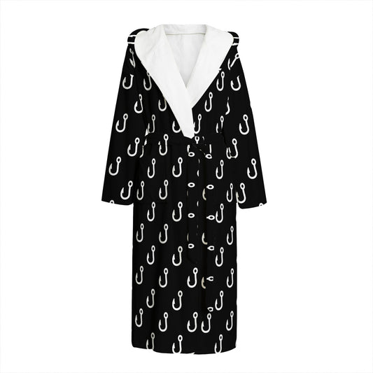 Black And White Fishing Hooks Print Hooded Bathrobe