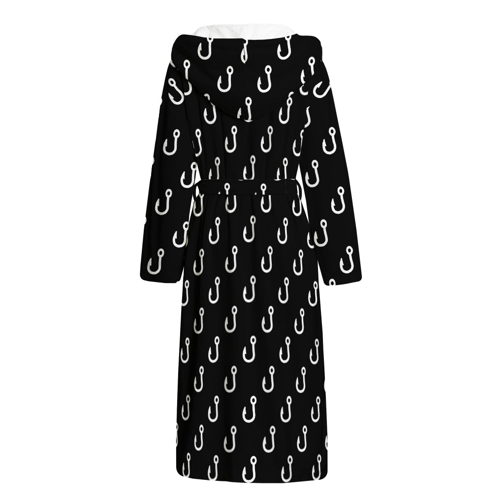 Black And White Fishing Hooks Print Hooded Bathrobe