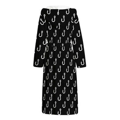 Black And White Fishing Hooks Print Hooded Bathrobe