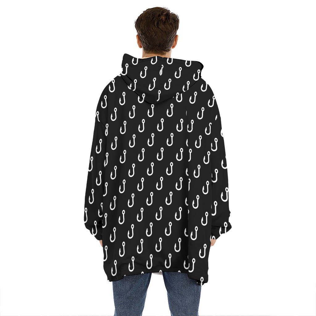 Black And White Fishing Hooks Print Hoodie Blanket
