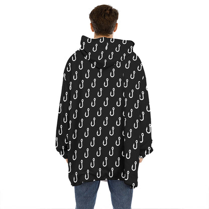 Black And White Fishing Hooks Print Hoodie Blanket