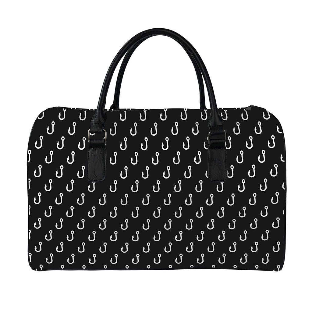 Black And White Fishing Hooks Print Leather Duffle Bag