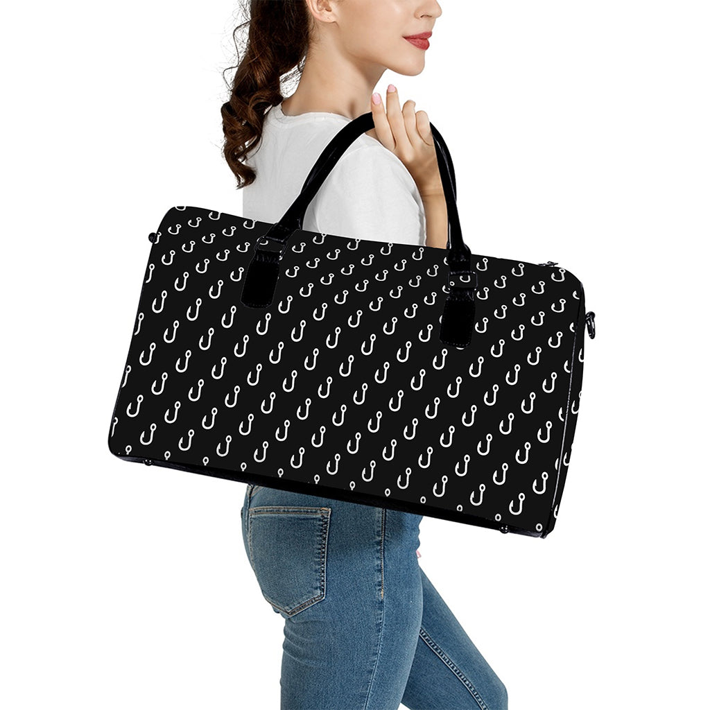 Black And White Fishing Hooks Print Leather Duffle Bag