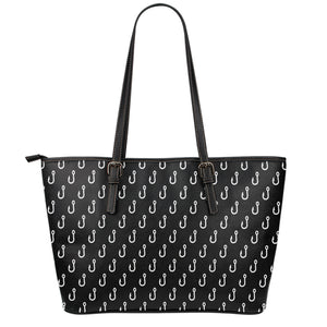 Black And White Fishing Hooks Print Leather Tote Bag