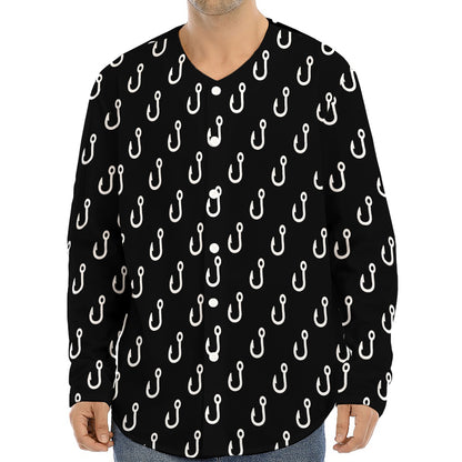 Black And White Fishing Hooks Print Long Sleeve Baseball Jersey