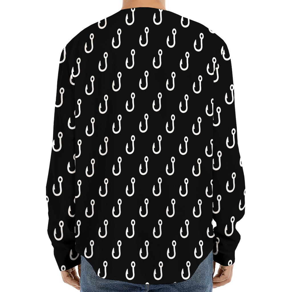 Black And White Fishing Hooks Print Long Sleeve Baseball Jersey