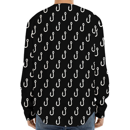 Black And White Fishing Hooks Print Long Sleeve Baseball Jersey