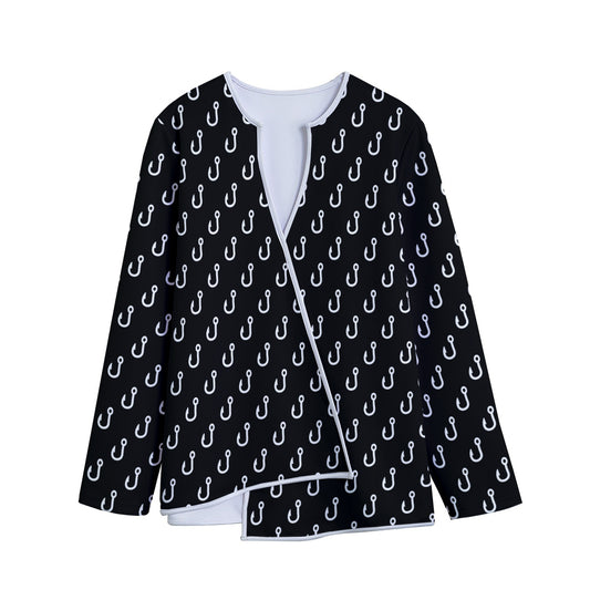 Black And White Fishing Hooks Print Long Sleeve Short Coat