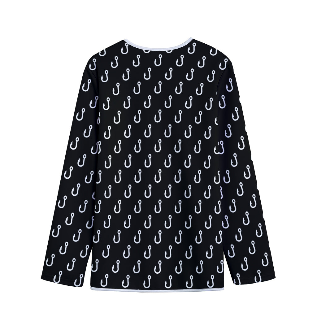 Black And White Fishing Hooks Print Long Sleeve Short Coat