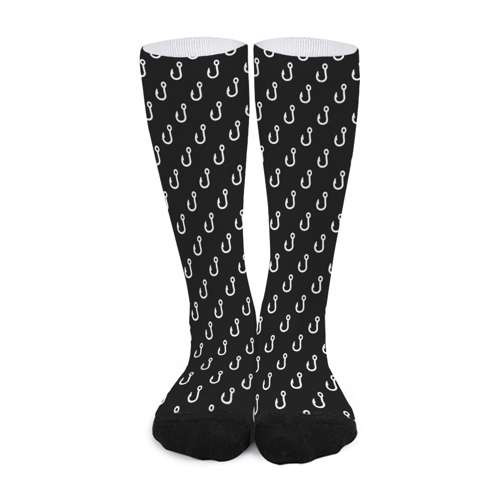 Black And White Fishing Hooks Print Long Socks