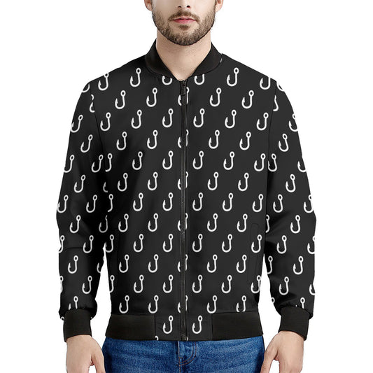 Black And White Fishing Hooks Print Men's Bomber Jacket