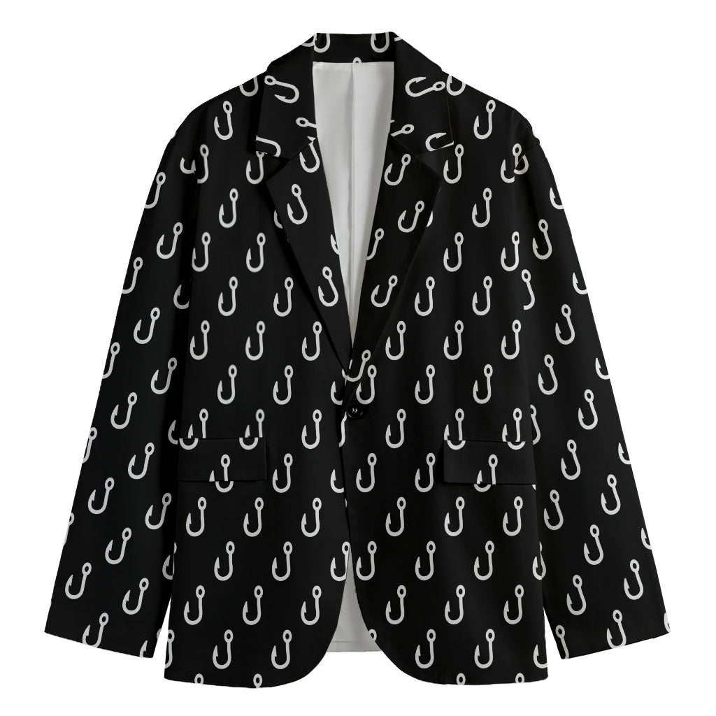 Black And White Fishing Hooks Print Men's Cotton Blazer