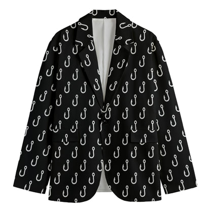 Black And White Fishing Hooks Print Men's Cotton Blazer