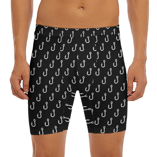 Black And White Fishing Hooks Print Men's Long Boxer Briefs