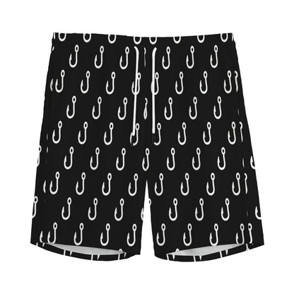 Black And White Fishing Hooks Print Men's Sports Shorts