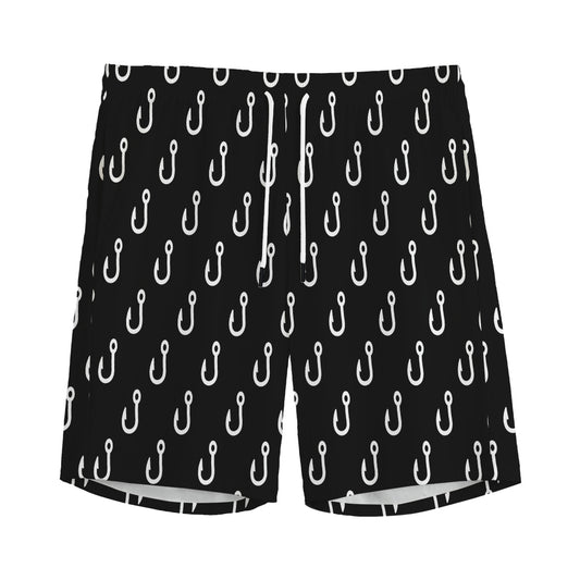 Black And White Fishing Hooks Print Men's Sports Shorts