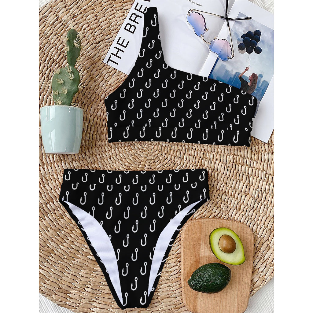 Black And White Fishing Hooks Print One Shoulder Bikini Top