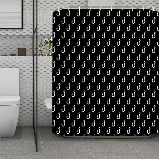 Black And White Fishing Hooks Print Polyester Shower Curtain