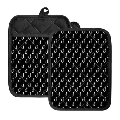 Black And White Fishing Hooks Print Pot Holders With Pocket