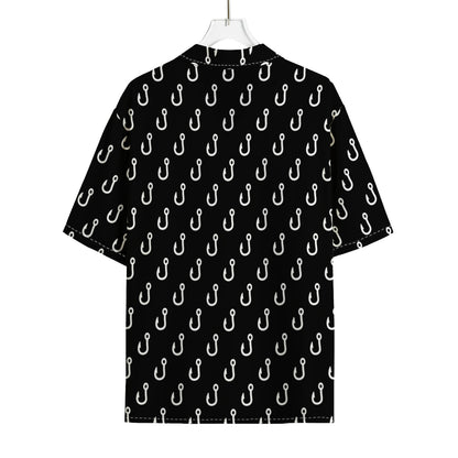 Black And White Fishing Hooks Print Rayon Hawaiian Shirt