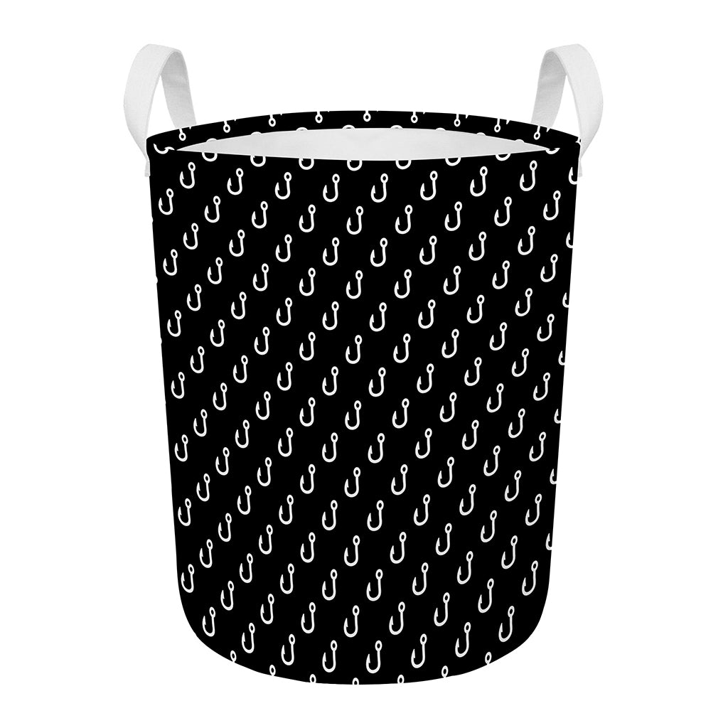 Black And White Fishing Hooks Print Round Laundry Basket