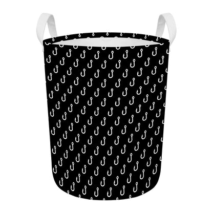 Black And White Fishing Hooks Print Round Laundry Basket