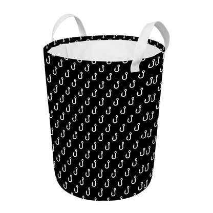 Black And White Fishing Hooks Print Round Laundry Basket