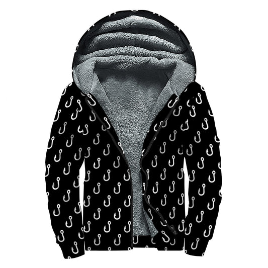 Black And White Fishing Hooks Print Sherpa Lined Zip Up Hoodie