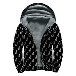 Black And White Fishing Hooks Print Sherpa Lined Zip Up Hoodie