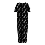 Black And White Fishing Hooks Print Short Sleeve Long Nightdress
