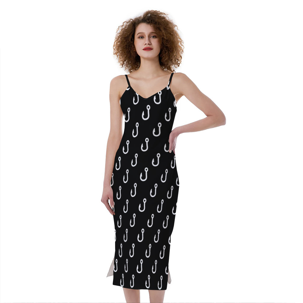 black cami dress midi Fishing Hooks Pattern Print Slim Fit Midi Cami Dress