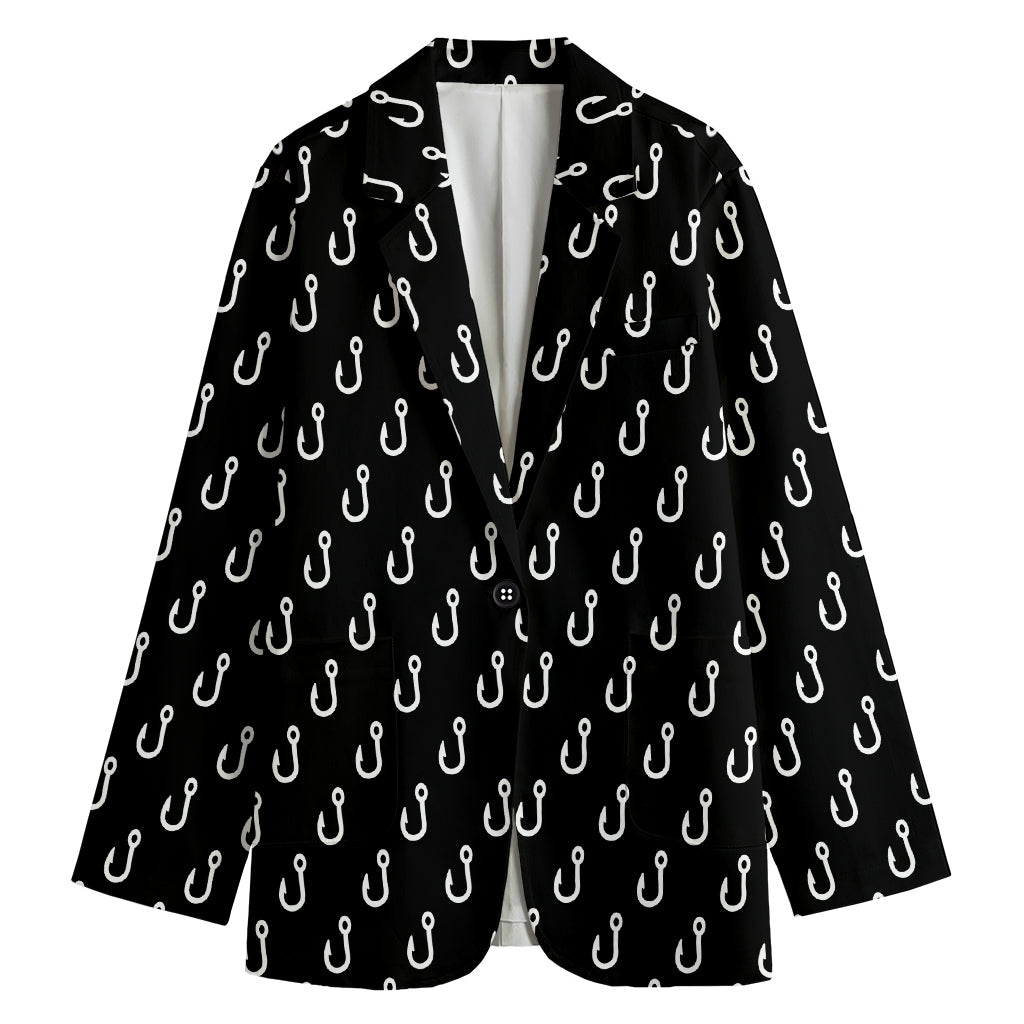 Black And White Fishing Hooks Print Women's Cotton Blazer