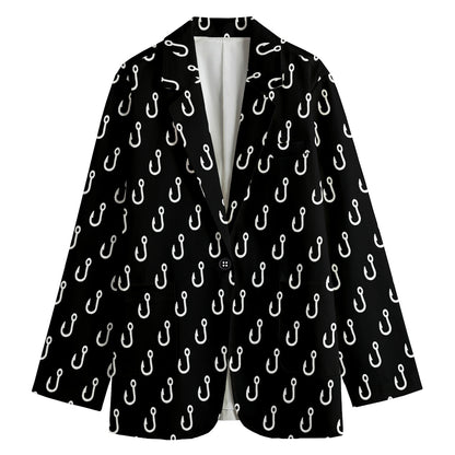 Black And White Fishing Hooks Print Women's Cotton Blazer