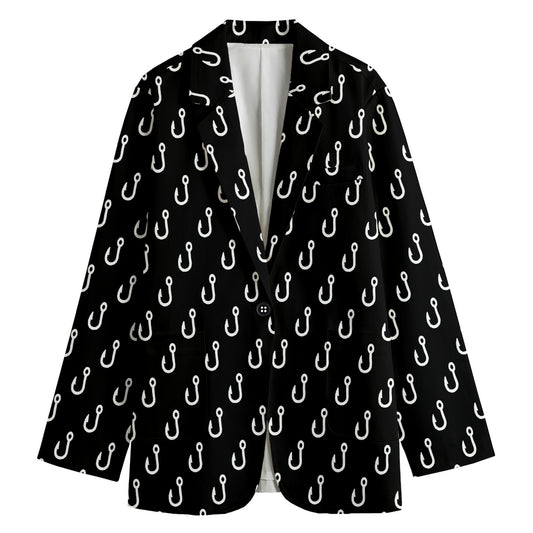 Black And White Fishing Hooks Print Women's Cotton Blazer