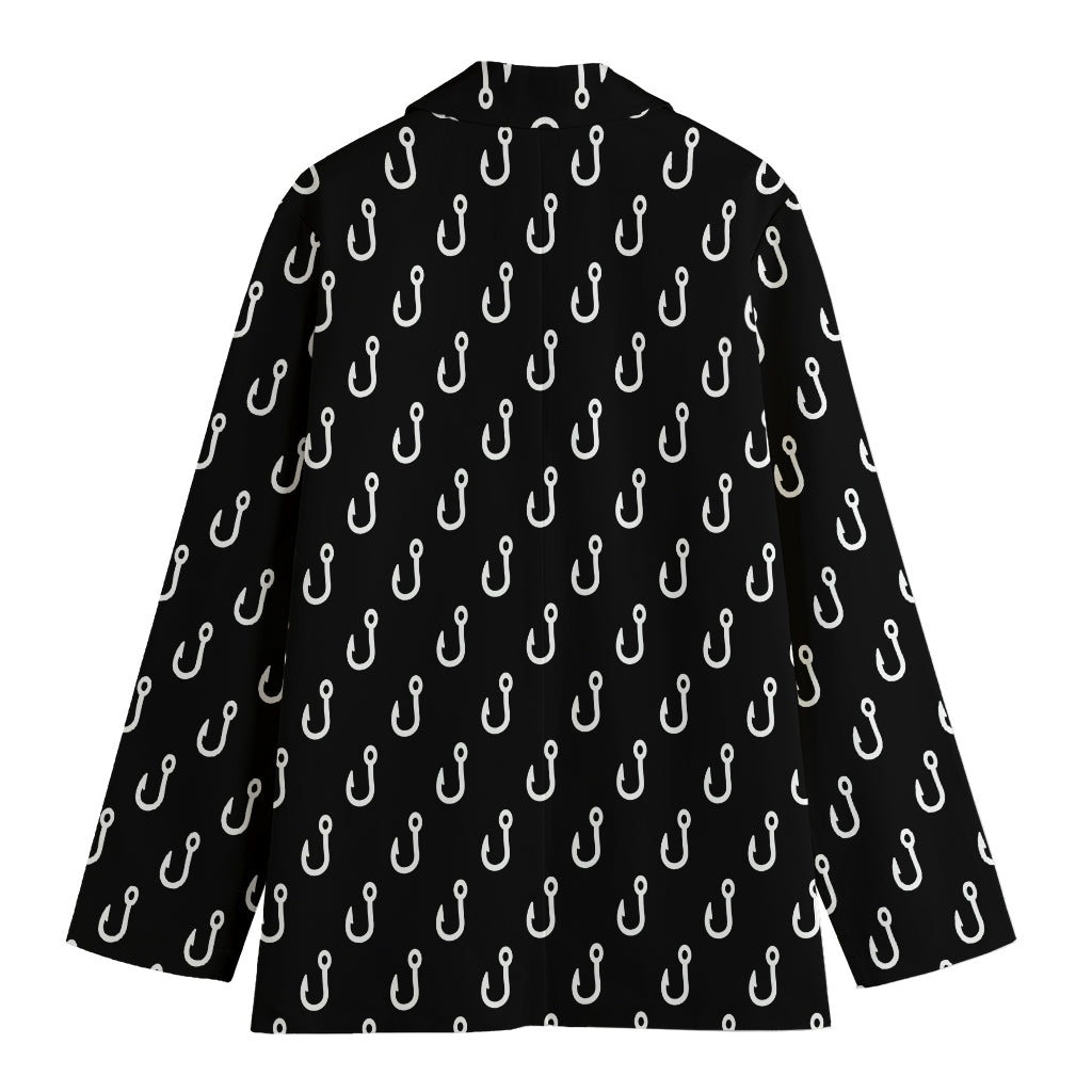 Black And White Fishing Hooks Print Women's Cotton Blazer