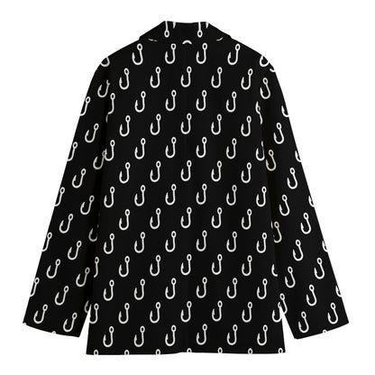 Black And White Fishing Hooks Print Women's Cotton Blazer