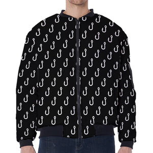 Black And White Fishing Hooks Print Zip Sleeve Bomber Jacket