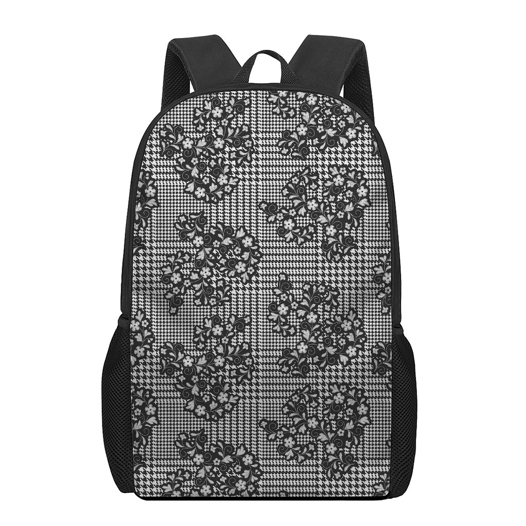 Black And White Floral Glen Plaid Print 17 Inch Backpack