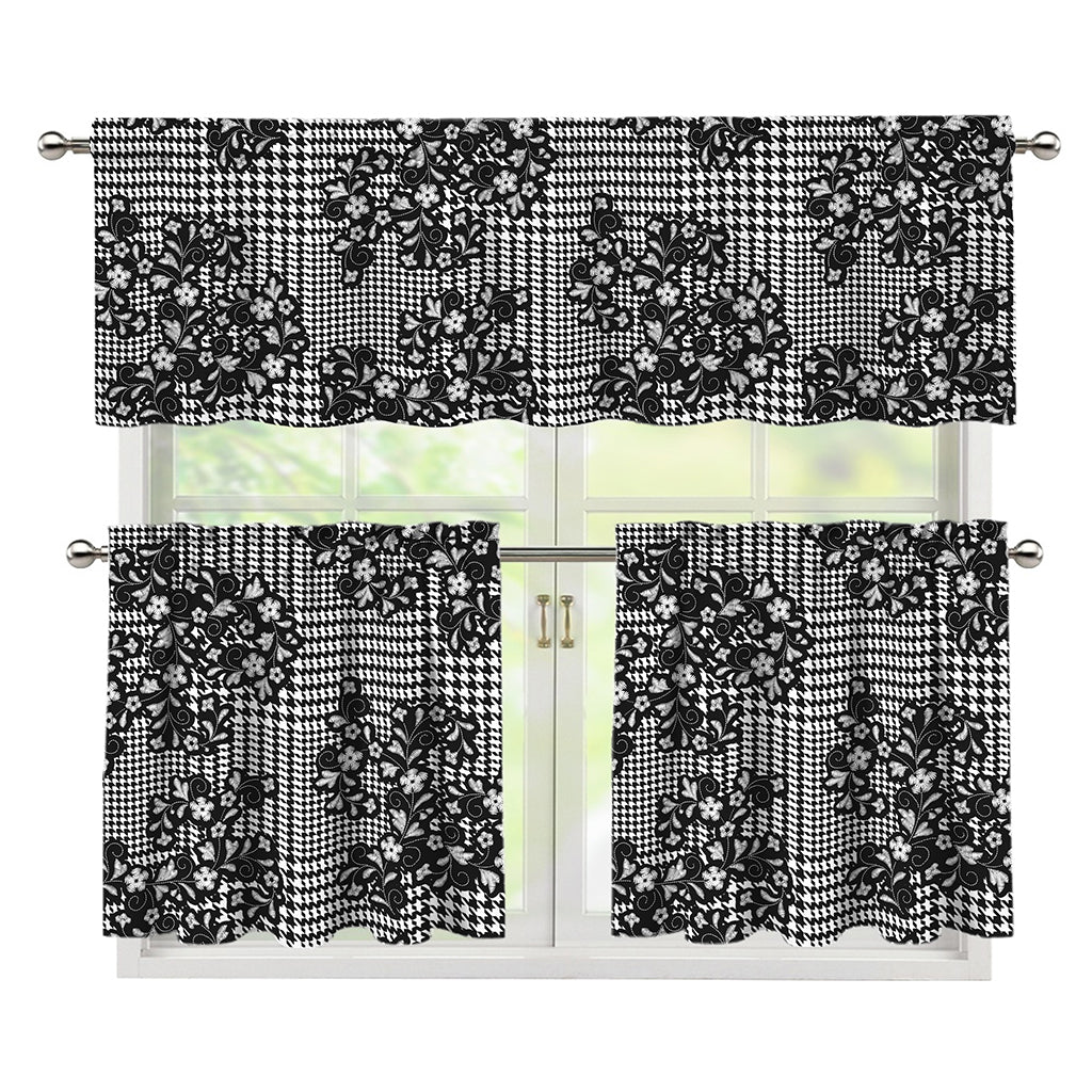 Black And White Floral Glen Plaid Print 3 Piece Kitchen Curtains